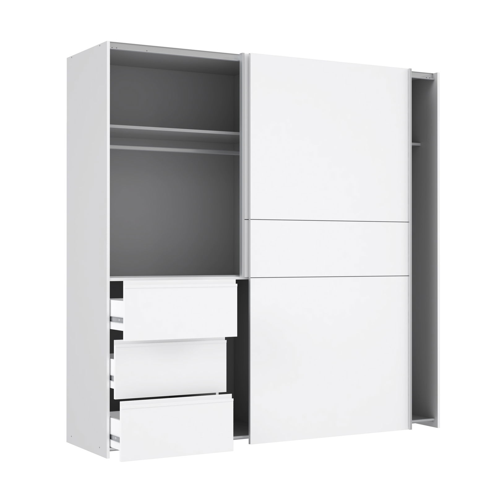 Weißer Schwebetürenschrank mit offener Perspektive, zeigt Schubladen und Regale.