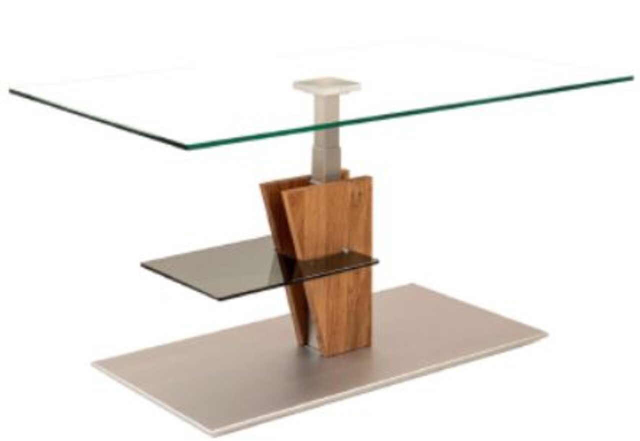 Moderner Couchtisch mit Glasplatte, Holz- und Metallelementen, seitliche Perspektive