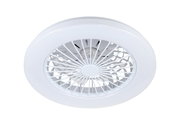 Weißer Deckenventilator aus der Perspektive von unten, mit einem modernen, runden Design und schützenden Gitter.