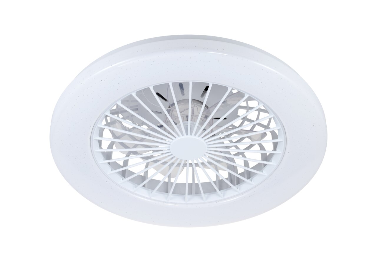 Weißer Deckenventilator aus der Perspektive von unten, mit einem modernen, runden Design und schützenden Gitter.