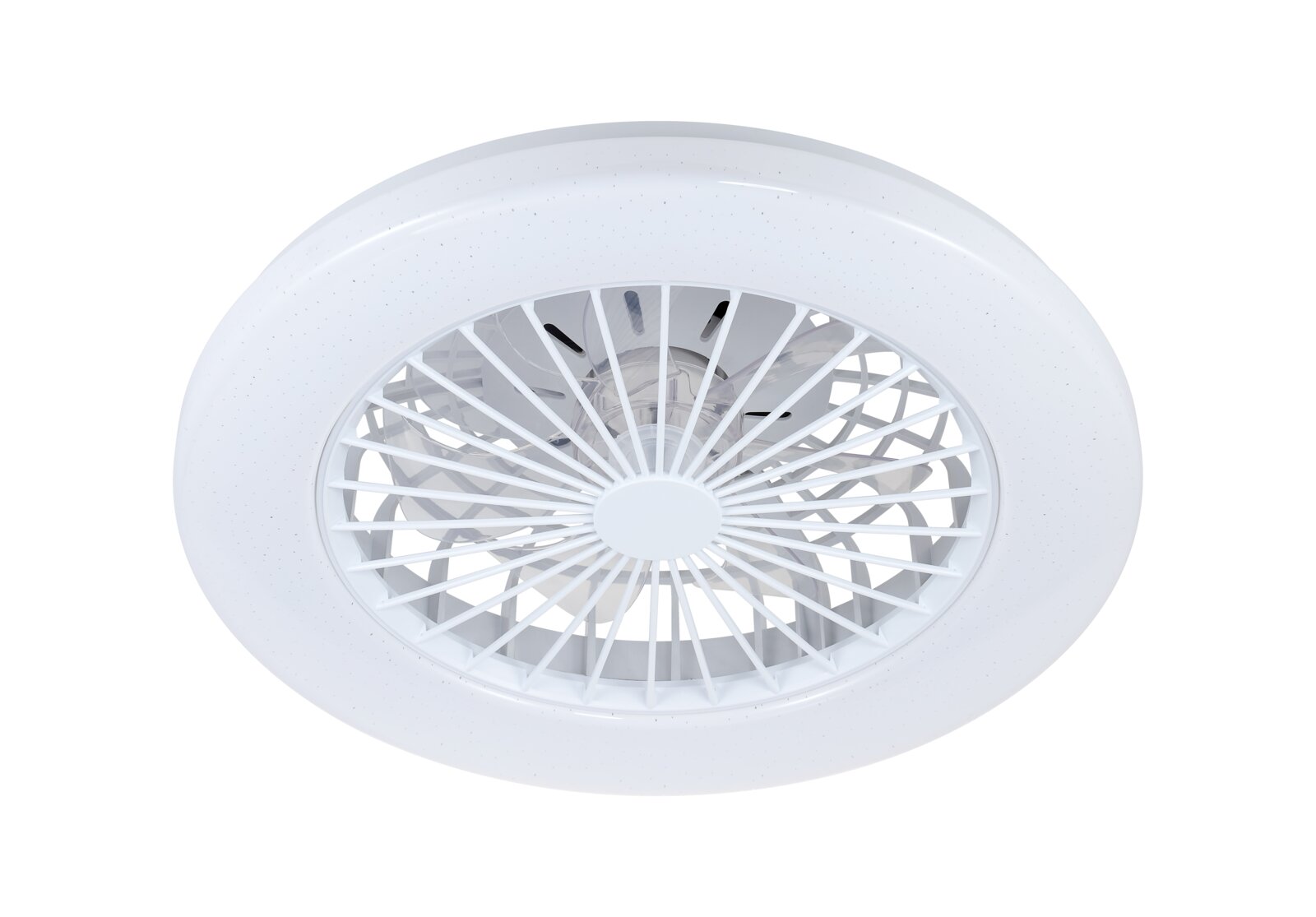 Weißer Deckenventilator aus der Perspektive von unten, mit einem modernen, runden Design und schützenden Gitter.