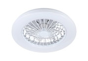 Weißer Deckenventilator aus der Perspektive von unten, mit einem modernen, runden Design und schützenden Gitter.