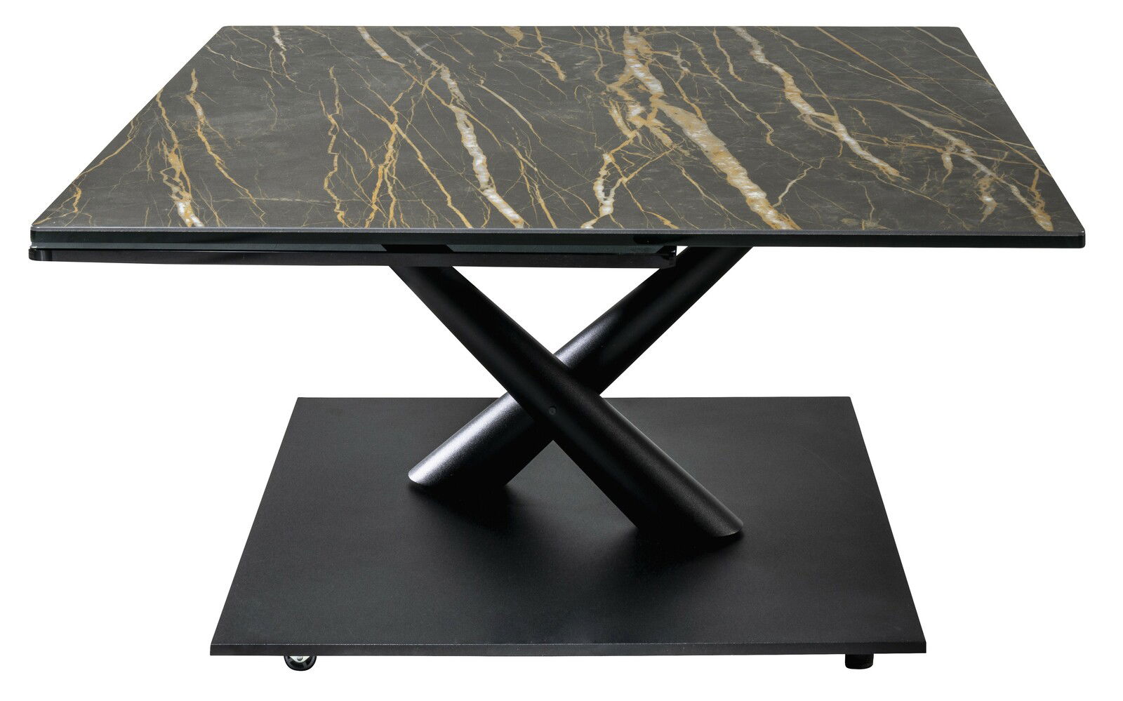 Moderner Couchtisch mit schwarzer Marmoroptik und gekreuztem Metallgestell, seitliche Perspektive.