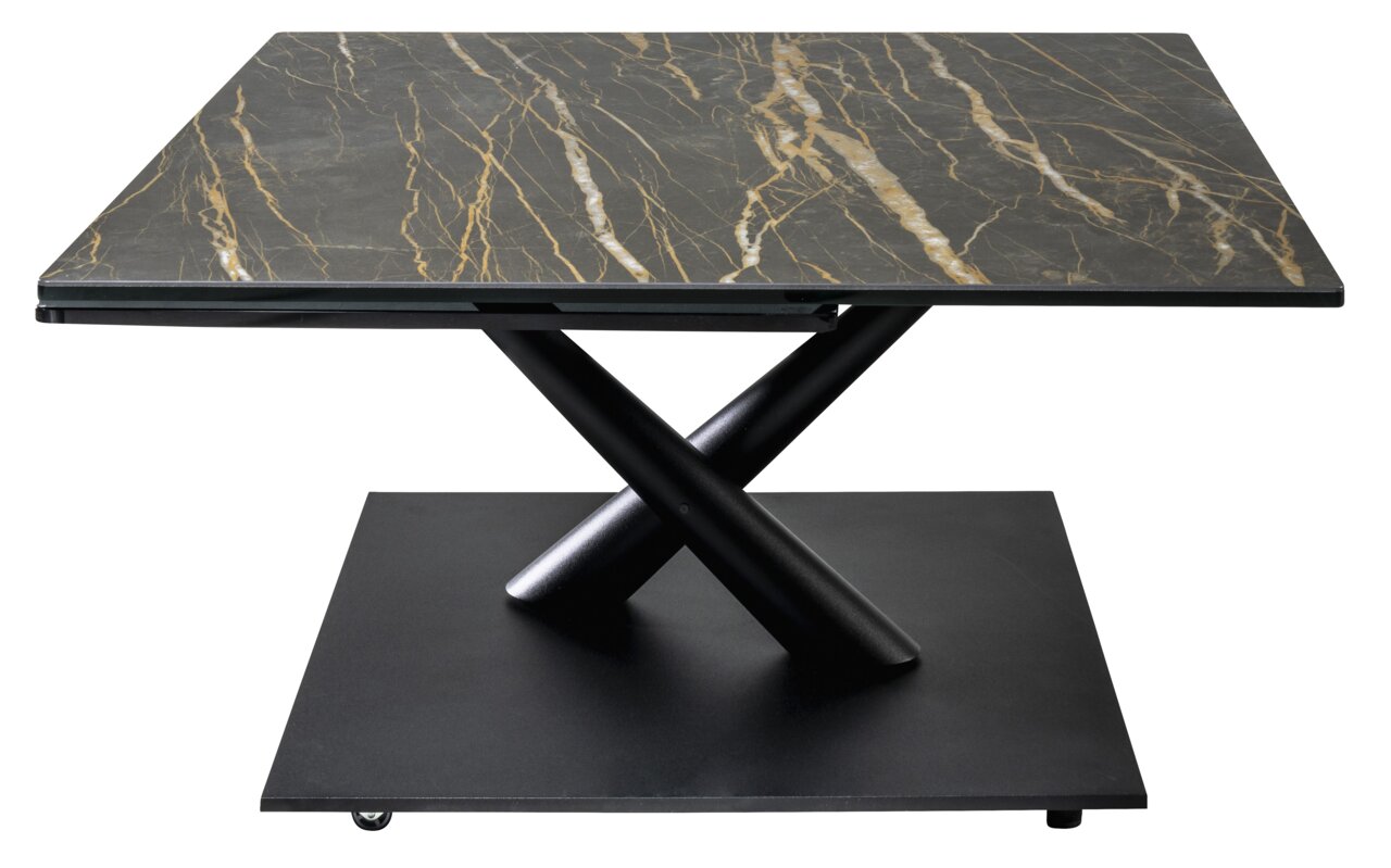 Moderne salontafel met zwarte marmerlook en gekruist metalen onderstel, gezien vanaf de zijkant.