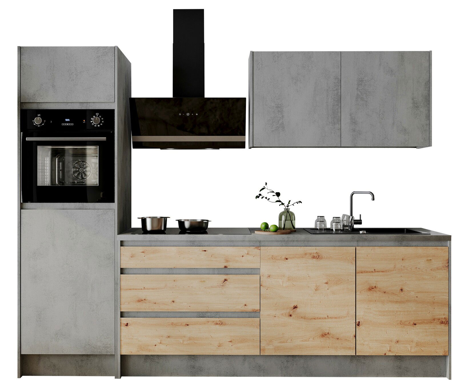 Yourkitchen Keukenblok Premium 273 TROJA Moderner Küchenblock in Betonoptik mit Holzfronten, bestehend aus einem Hochschrank mit integriertem Backofen, einem Kochfeld mit Dunstabzugshaube und einer Spüle mit Armatur. Frontalansicht.