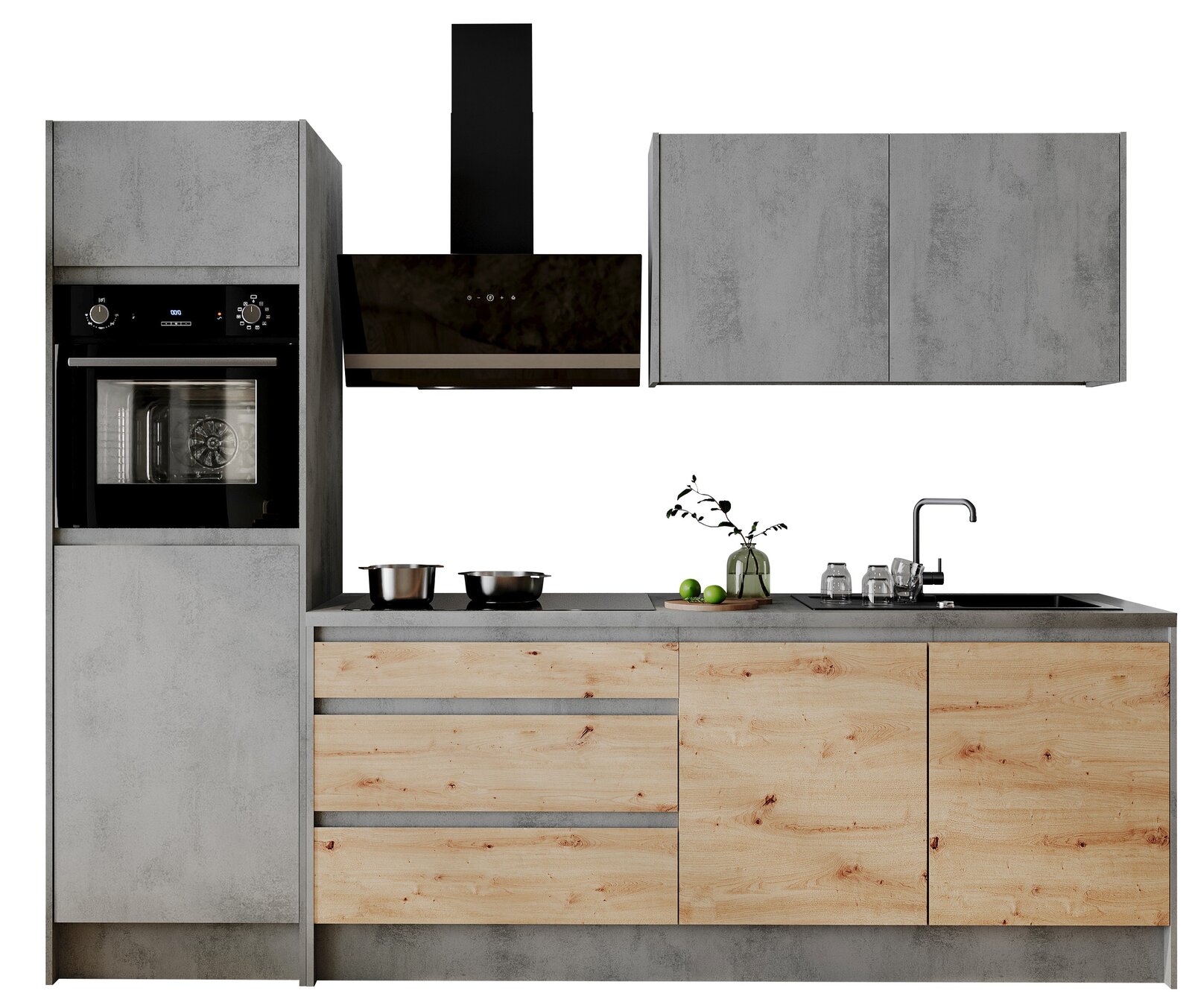 Moderner Küchenblock in Betonoptik mit Holzfronten, bestehend aus einem Hochschrank mit integriertem Backofen, einem Kochfeld mit Dunstabzugshaube und einer Spüle mit Armatur. Frontalansicht.