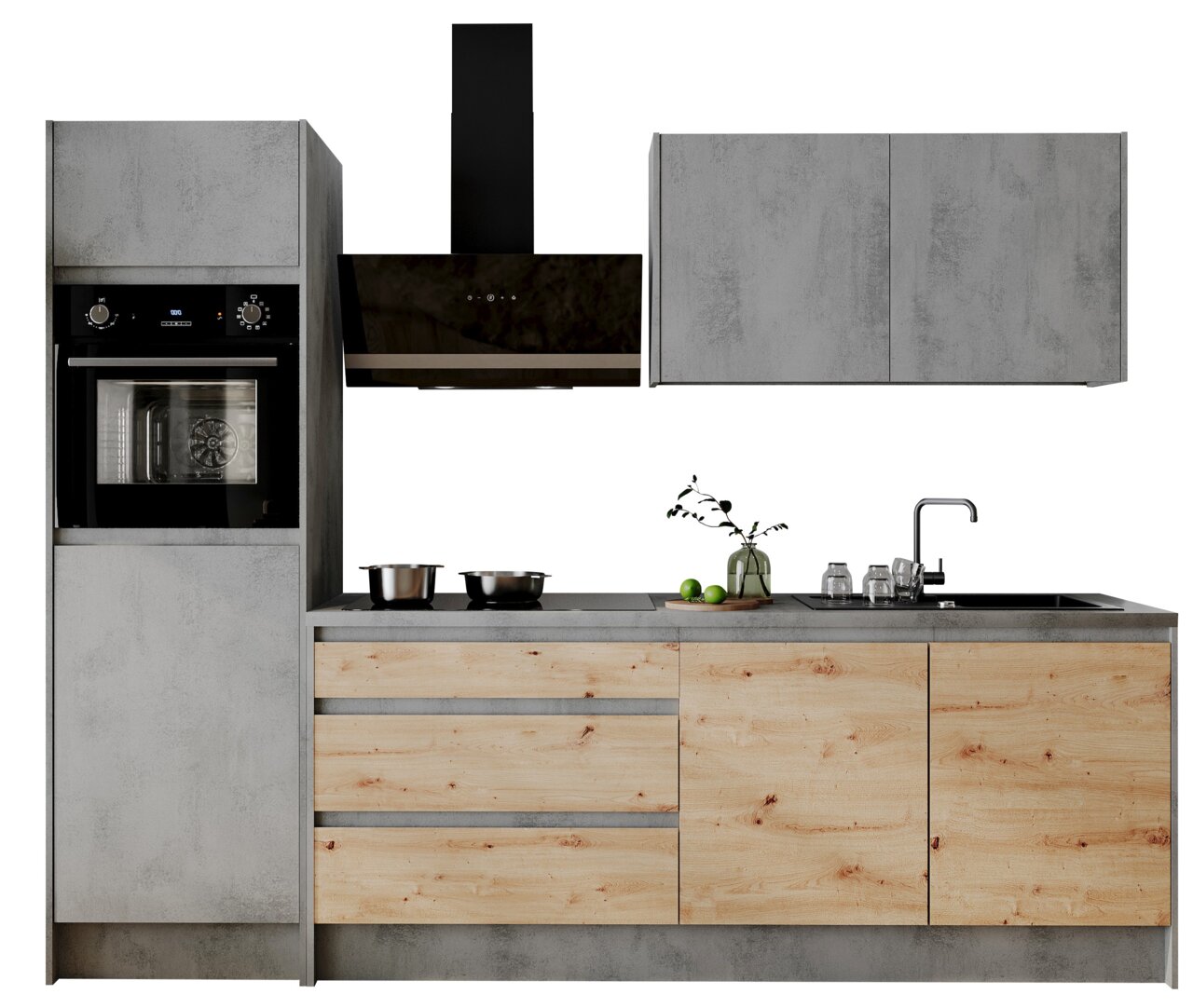 Moderner Küchenblock in Betonoptik mit Holzfronten, bestehend aus einem Hochschrank mit integriertem Backofen, einem Kochfeld mit Dunstabzugshaube und einer Spüle mit Armatur. Frontalansicht.