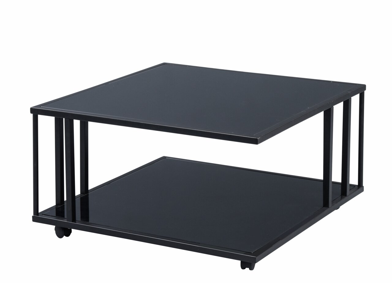 Moderne zwarte salontafel met twee niveaus en wieltjes, zijaanzicht