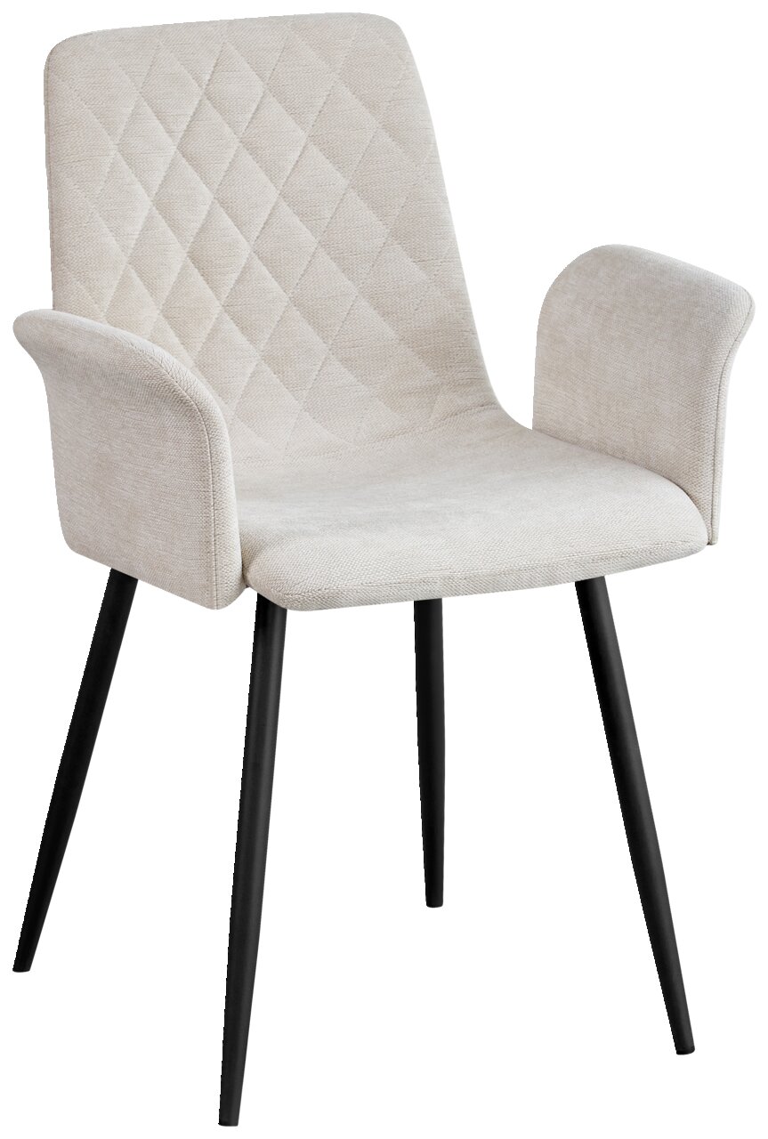 Beige fauteuil met zwart metalen frame, vooraanzicht