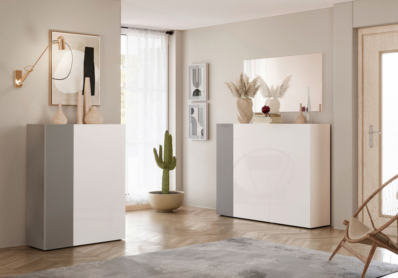 Moderner Schuhschrank in einem stilvollen Wohnzimmer, mit dekorativen Vasen und einem Kaktus, aus einer frontalen Perspektive betrachtet.