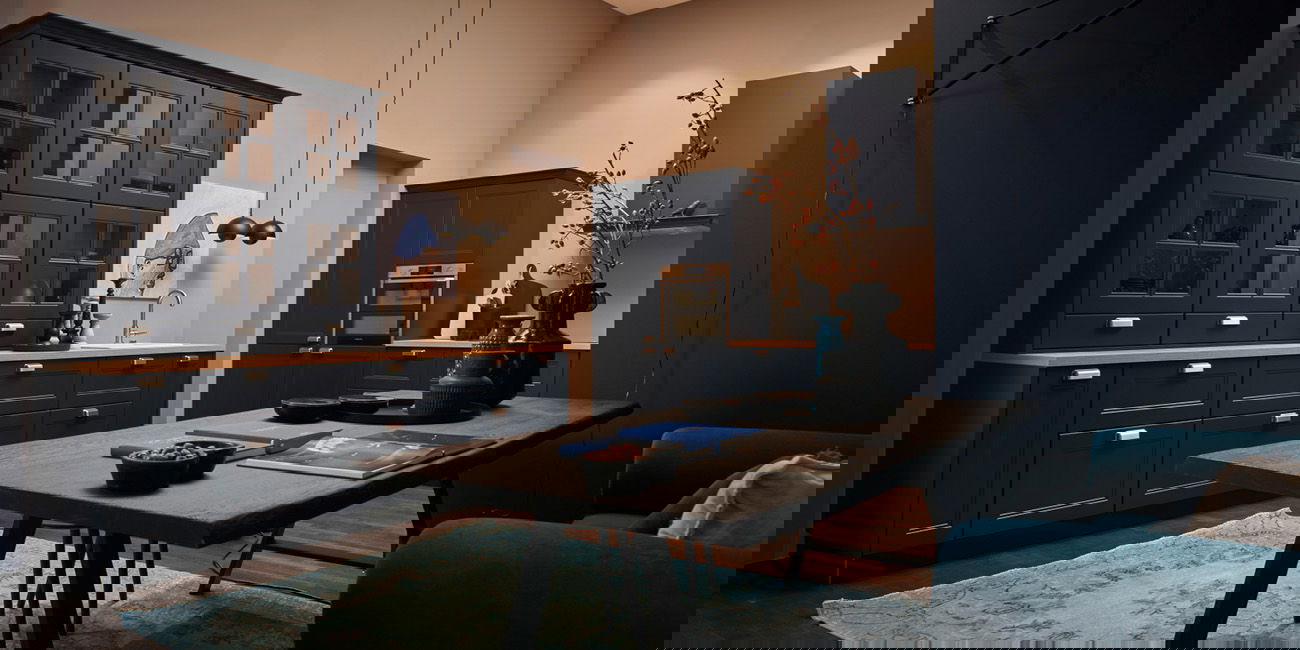 Die Küche hat dunkelblaue Schränke mit Glasfronten und eine helle Holz-Arbeitsplatte.