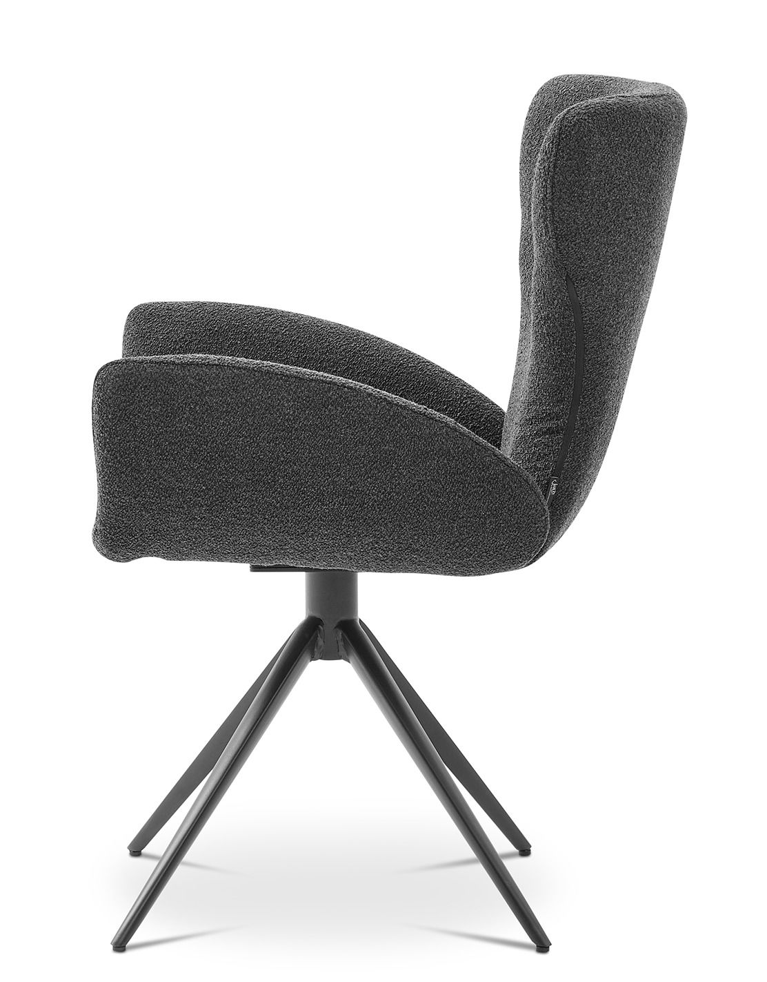 Seitenansicht eines modernen Armlehnstuhls mit schwarzem Stoffbezug und Metallbeinen.