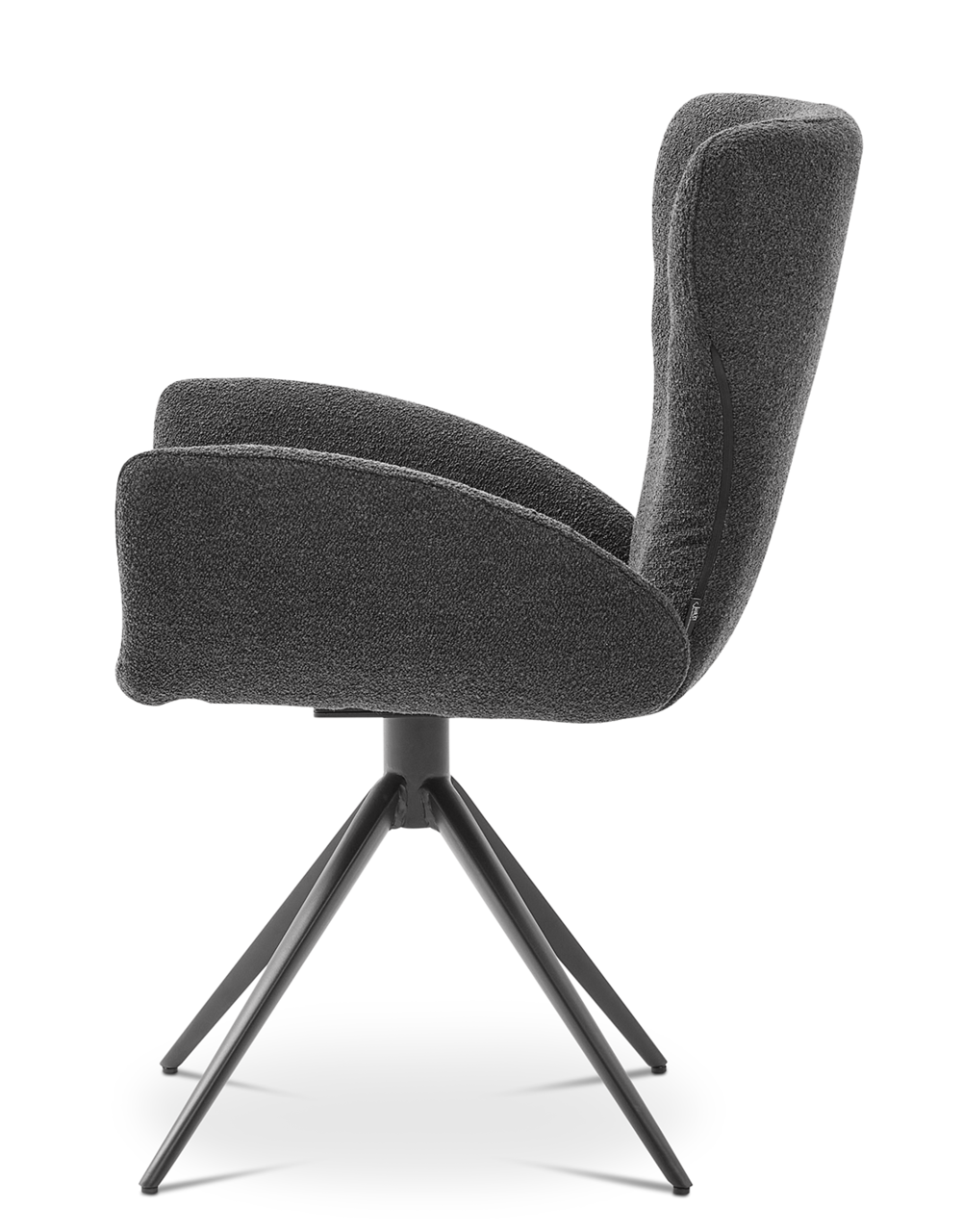 Seitenansicht eines modernen Armlehnstuhls mit schwarzem Stoffbezug und Metallbeinen.