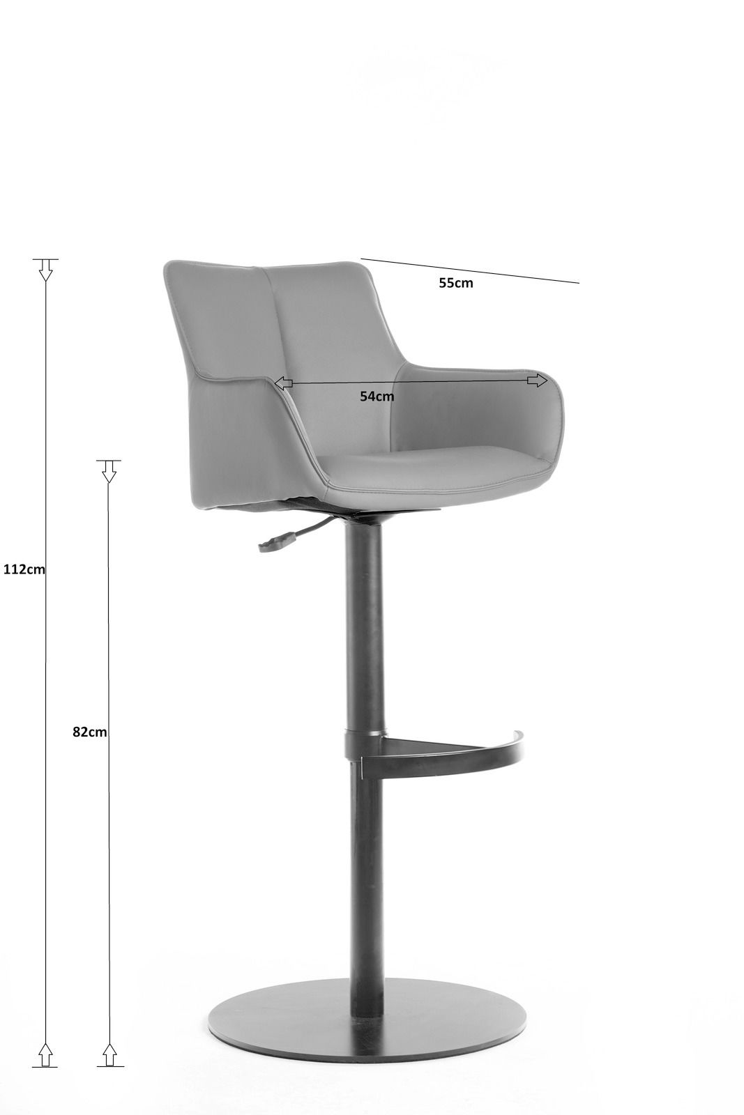 Moderner Barhocker in Grau mit Rückenlehne und Fußstütze, seitliche Perspektive