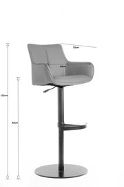 Moderner Barhocker in Grau mit Rückenlehne und Fußstütze, seitliche Perspektive