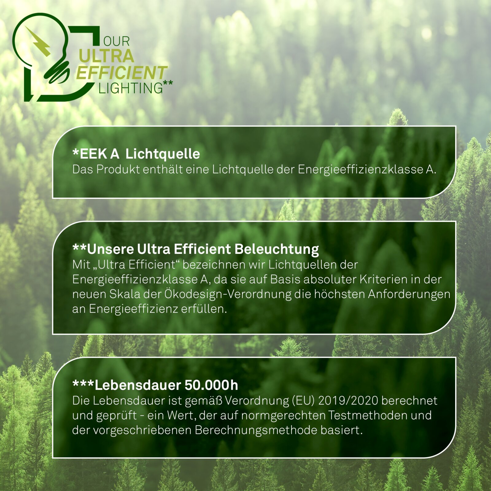 Frontale Ansicht einer Marketinggrafik zu „Ultra Efficient Lighting“ mit Glühbirnen-Icon; Text: EEK A Lichtquelle, Ultra Efficient Beleuchtung und Lebensdauer 50.000 h vor grünem Waldhintergrund.