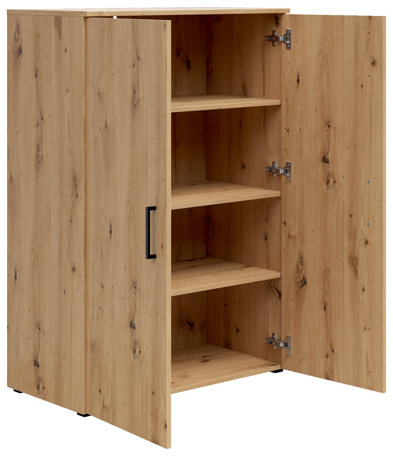 Holzkommode mit geöffneter Tür, zeigt drei Regalböden, Perspektive von vorne links