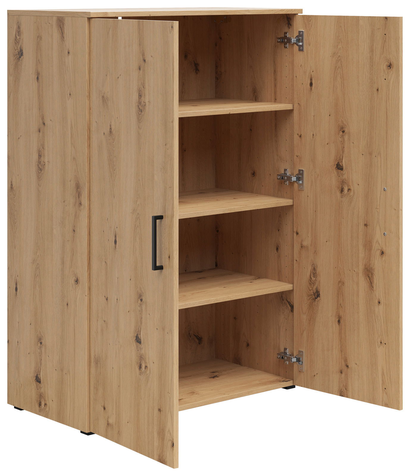 Holzkommode mit geöffneter Tür, zeigt drei Regalböden, Perspektive von vorne links