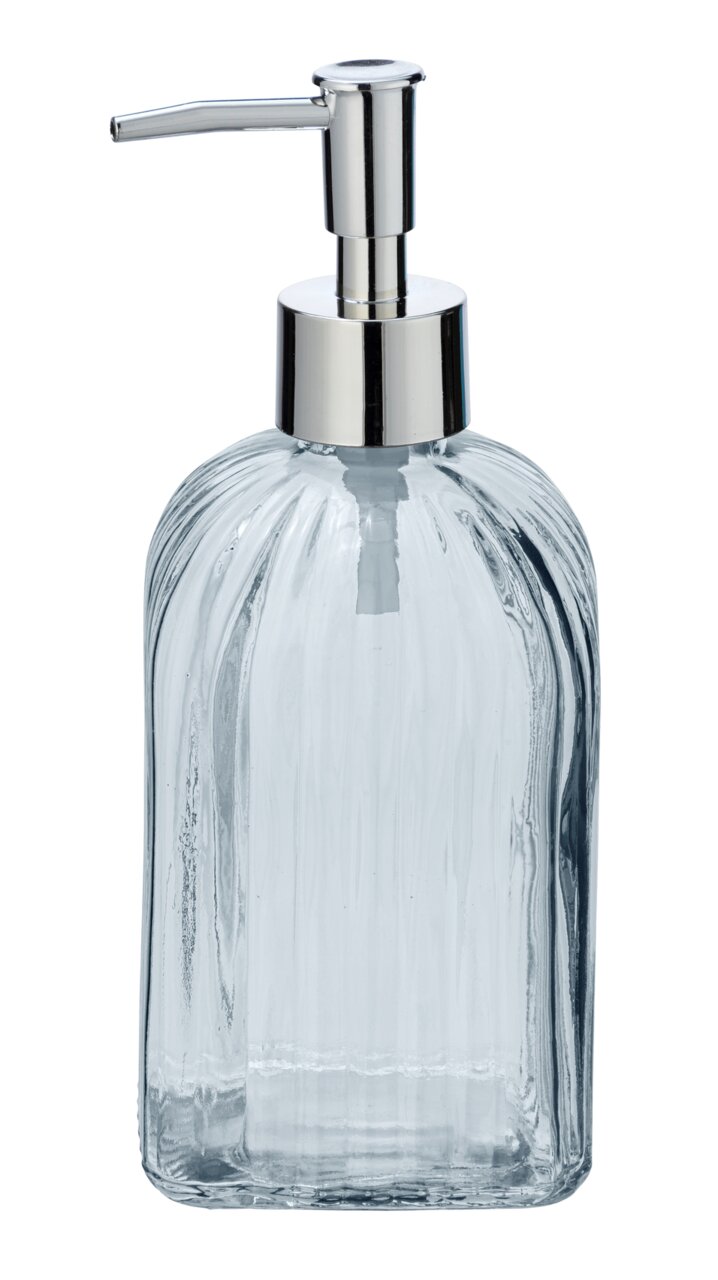 Transparenter, eckiger Seifenspender aus Glas mit silbernem Pumpkopf, frontal abgebildet.