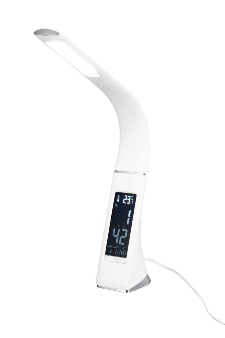 Novel LED-Schreibtischlampe TISCHLEUCHTE Moderne LED-Schreibtischleuchte in Weiß mit integriertem Display für Uhrzeit und Temperaturanzeige, seitliche Perspektive
