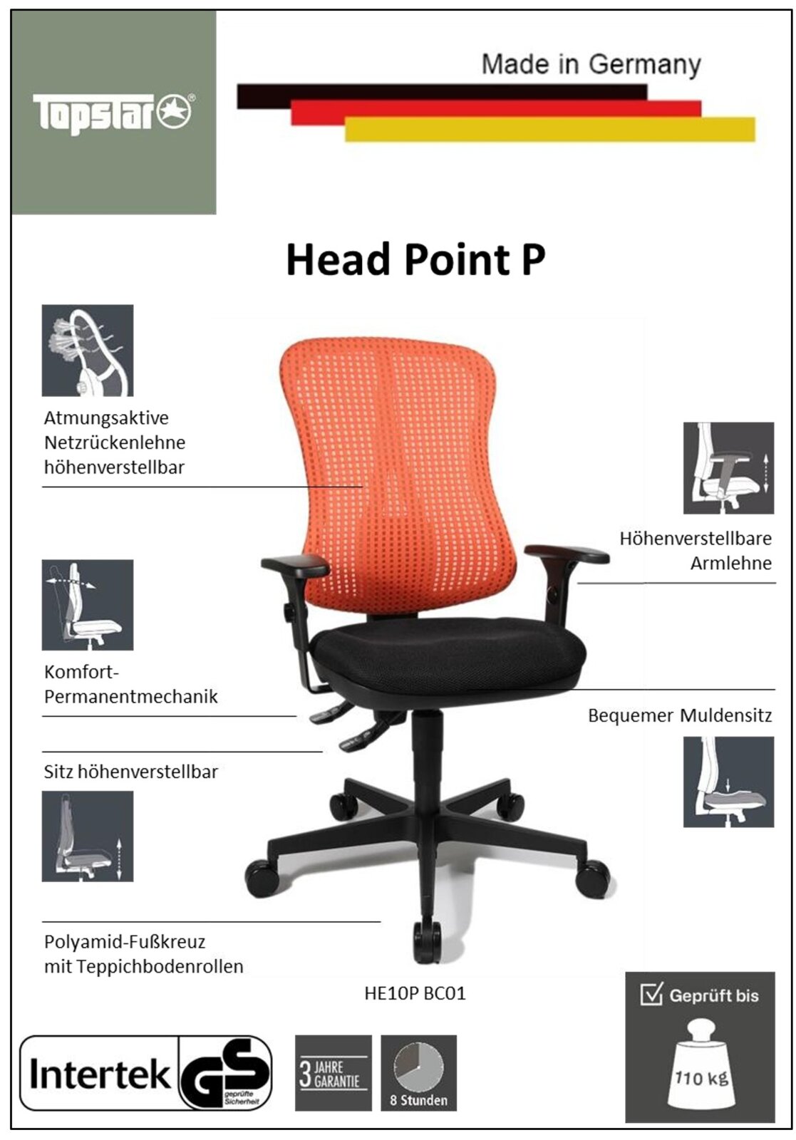 Ergonomische draaistoel met ademende rugleuning van gaas, in hoogte verstelbare armleuningen en zitting, comfortabele permanente mechanica, voetkruis van polyamide met tapijtwielen, vooraanzicht
