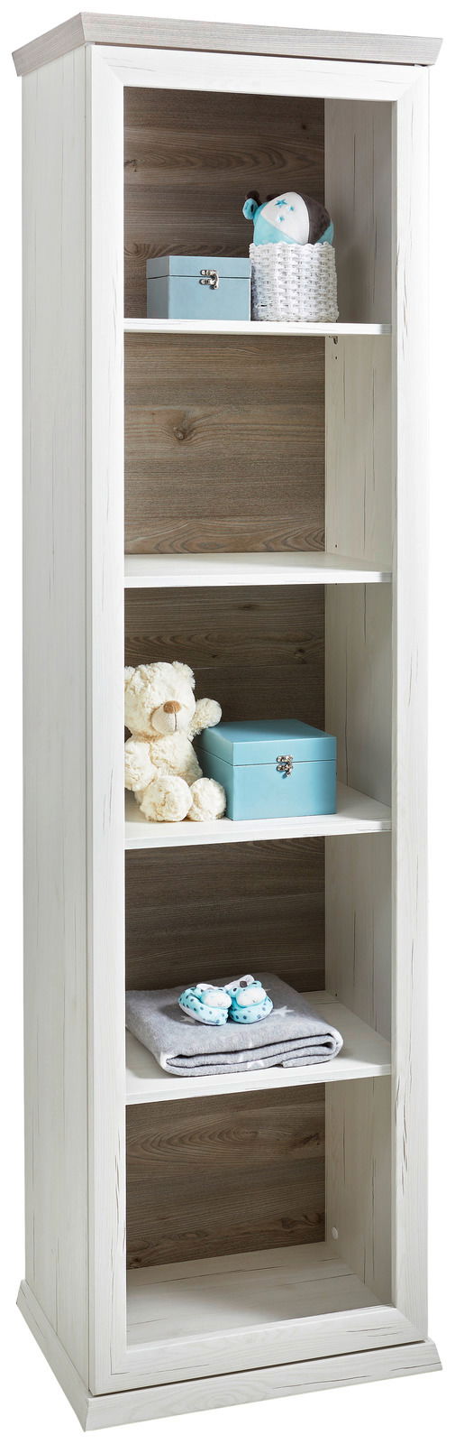 MyBaby Regal CAMRON Weißes Regal mit vier Fächern, gefüllt mit Dekorationsartikeln, aus frontaler Perspektive.