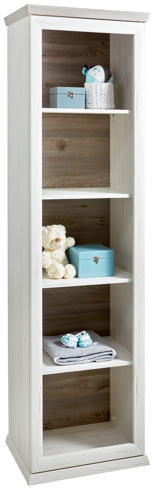 MyBaby Standregal hoch CAMRON Weißes Regal mit vier Fächern, gefüllt mit Dekorationsartikeln, aus frontaler Perspektive.