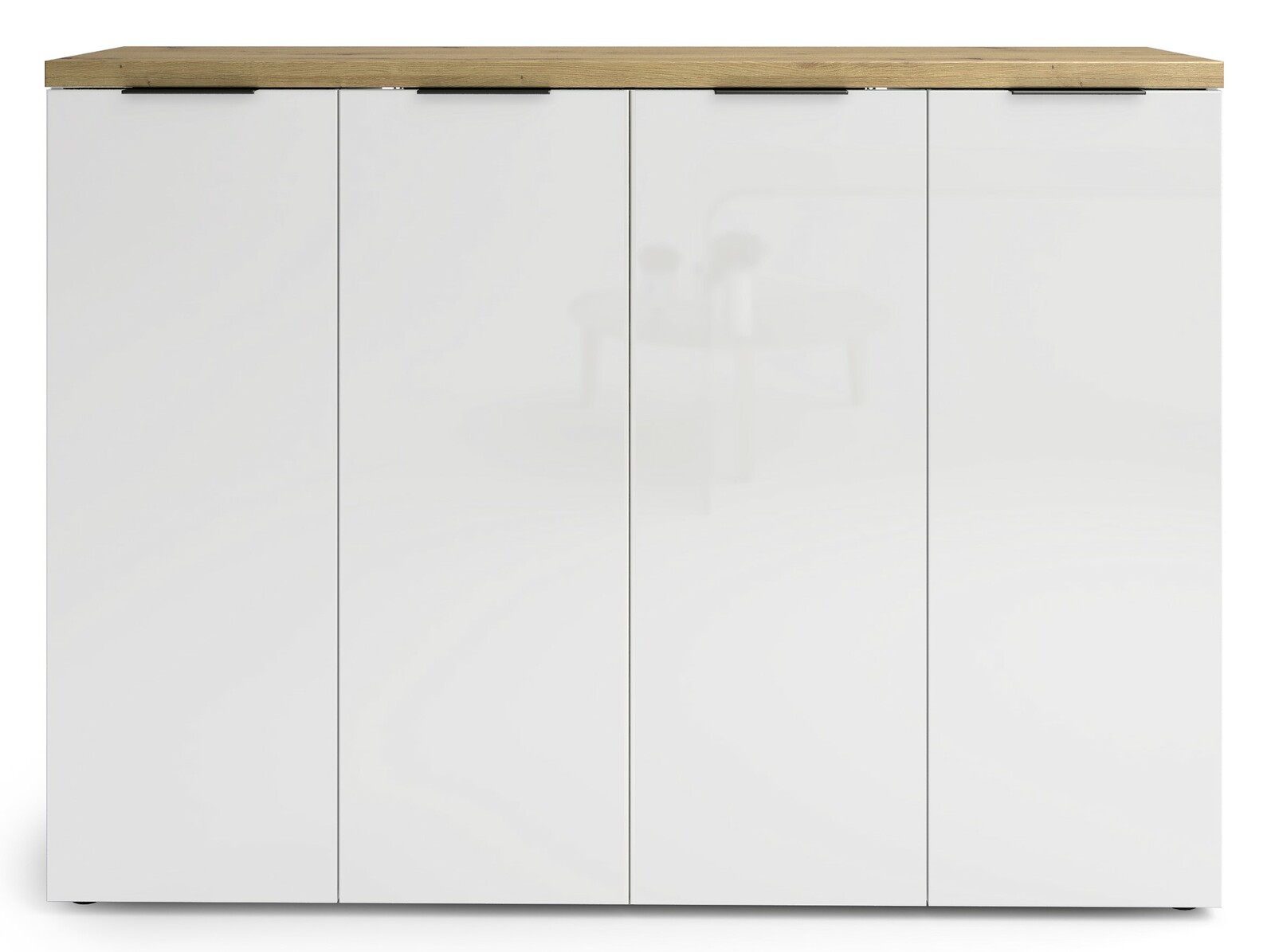 Frontansicht eines modernen, weißen XXL-Schuhschranks mit Holzoberfläche und vier Türen.