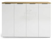 Frontansicht eines modernen, weißen XXL-Schuhschranks mit Holzoberfläche und vier Türen.