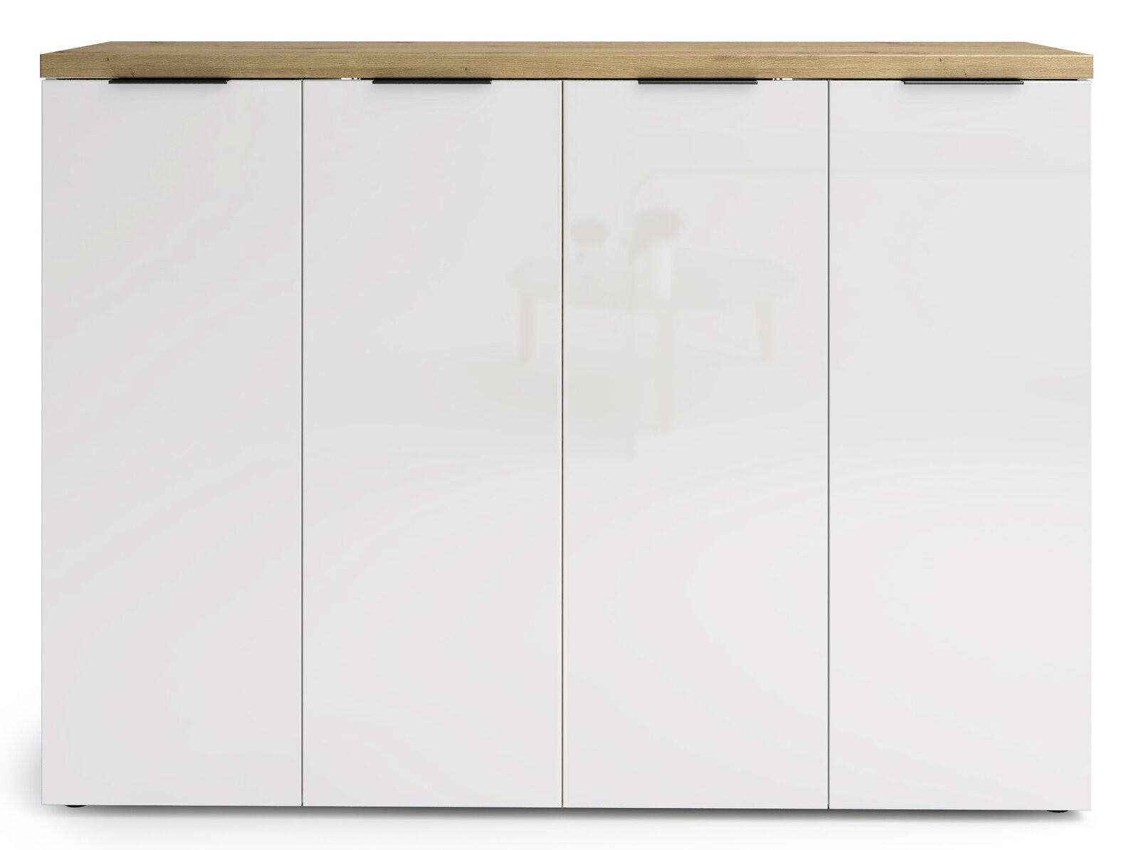 Frontansicht eines modernen, weißen XXL-Schuhschranks mit Holzoberfläche und vier Türen.