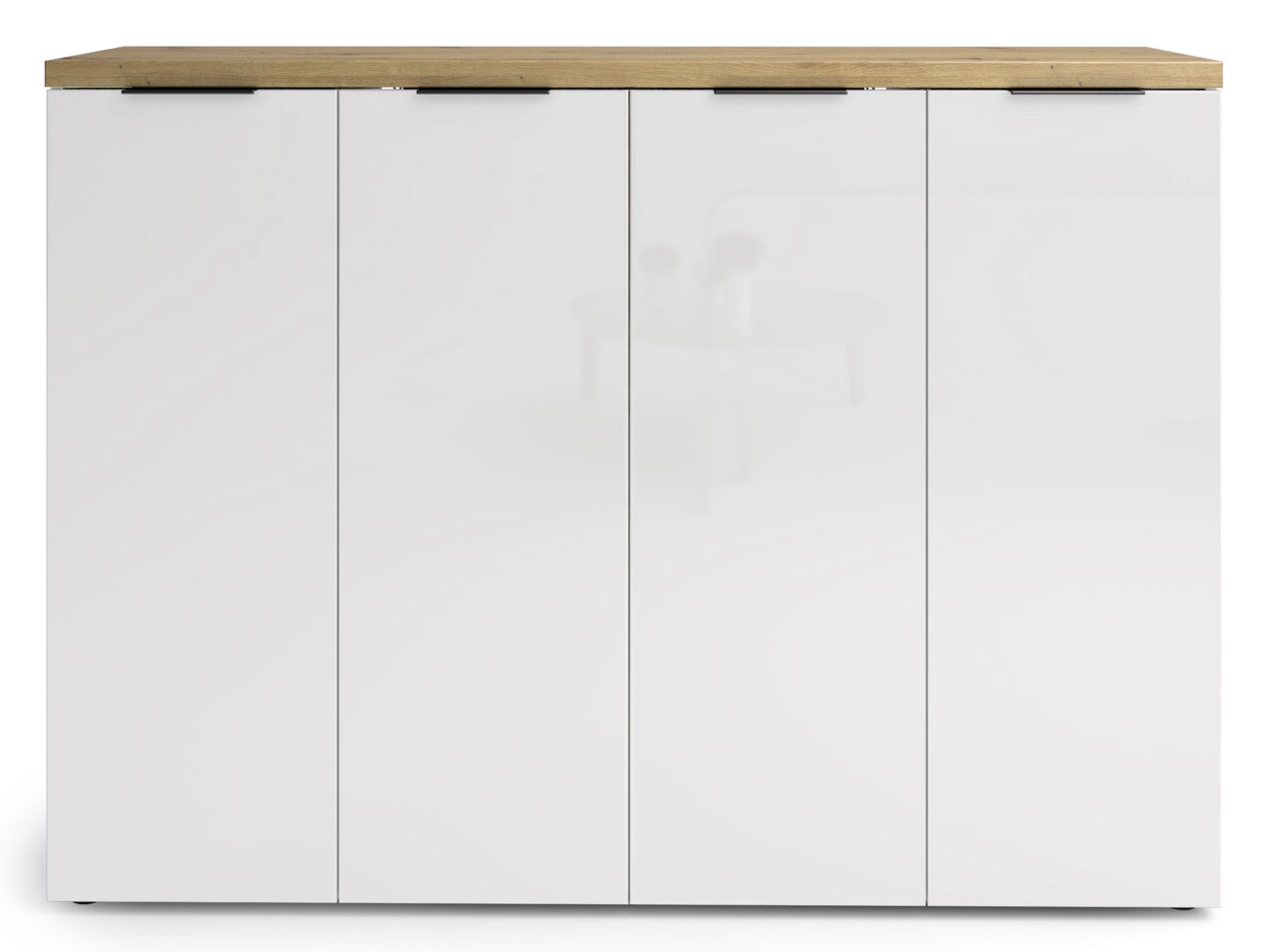 Frontansicht eines modernen, weißen XXL-Schuhschranks mit Holzoberfläche und vier Türen.