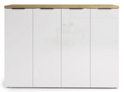 Frontansicht eines modernen, weißen XXL-Schuhschranks mit Holzoberfläche und vier Türen.