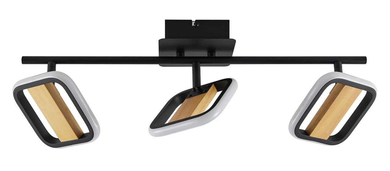 Novel LED-Strahler STRAHLER Moderner LED-Strahler mit drei verstellbaren Leuchten, schwarzem Rahmen und Holzelementen, seitliche Perspektive.