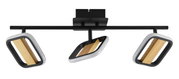 Moderner LED-Strahler mit drei verstellbaren Leuchten, schwarzem Rahmen und Holzelementen, seitliche Perspektive.