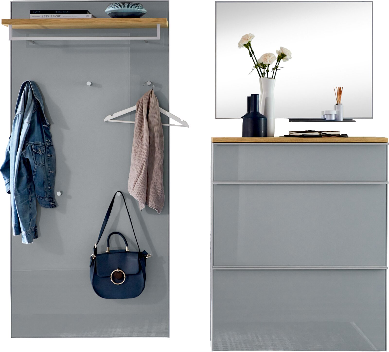VOSS Garderoben-Set 4-tlg. VORTINA Garderoben-Set in Grau mit Glasoptik und Ablage aus Holz, links Wandgarderobe mit Haken und Regal, rechts Schuhschrank mit Spiegel, Frontalansicht.