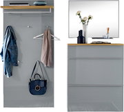 Garderoben-Set in Grau mit Glasoptik und Ablage aus Holz, links Wandgarderobe mit Haken und Regal, rechts Schuhschrank mit Spiegel, Frontalansicht.