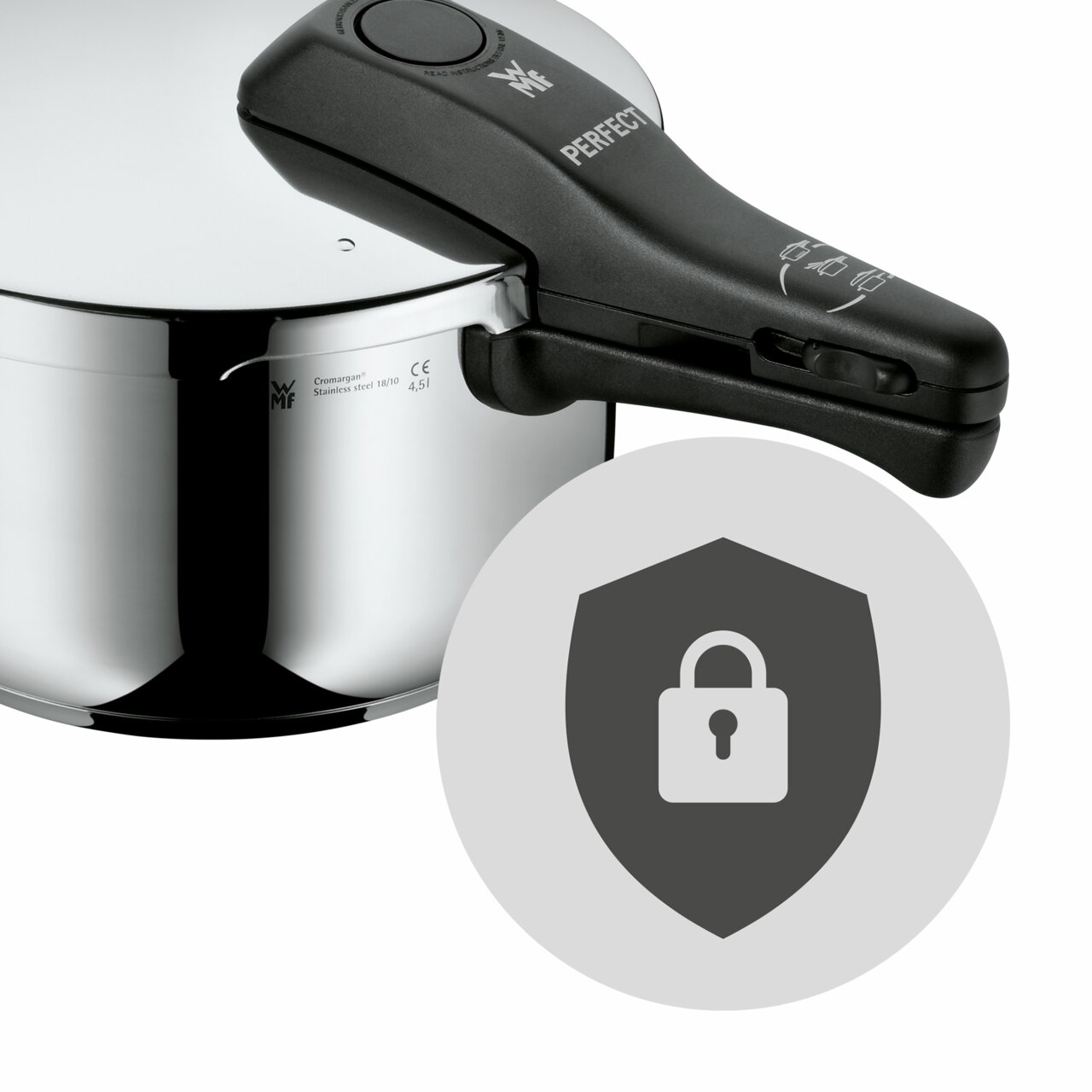 Schnellkochtopf WMF Perfect mit 4,5L Fassungsvermögen, seitliche Perspektive