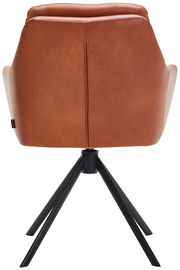 Rückansicht eines braunen Armlehnstuhls mit schwarzem Metallgestell