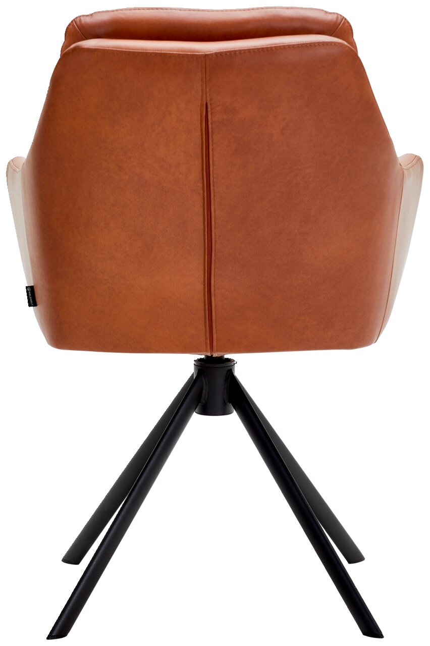 Rückansicht eines braunen Armlehnstuhls mit schwarzem Metallgestell