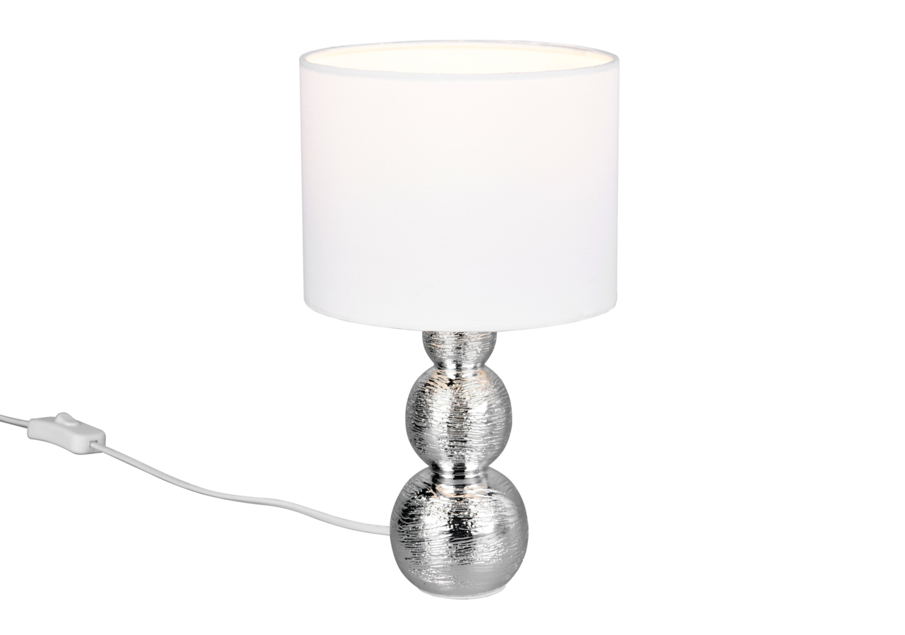 Reality Leuchten Tischleuchte LOVA Moderne Tischleuchte mit silbernem, strukturiertem Sockel und weißem Lampenschirm, seitliche Perspektive