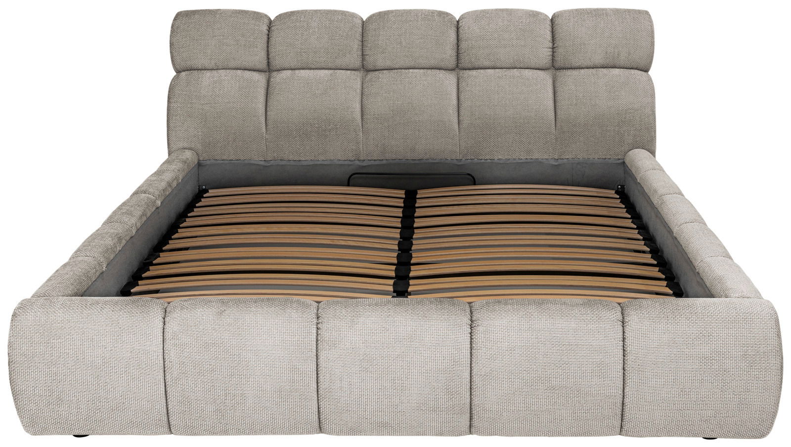 Polsterbettgestell in Vorderansicht mit grauem Stoffbezug und sichtbarem Lattenrost.