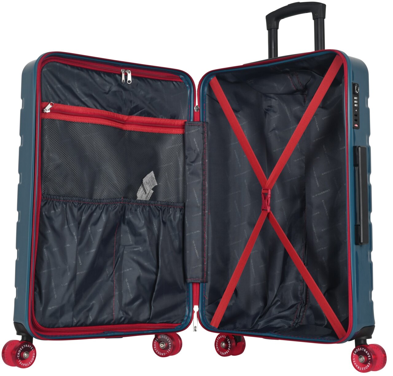 Geöffneter Hartschalen-Trolley in Blau mit dunkelblauem Innenfutter, roten Kreuzspanngurten und Mesh-Reißverschlussfach, Seitenansicht von innen (Frontansicht auf das geöffnete Hauptfach)