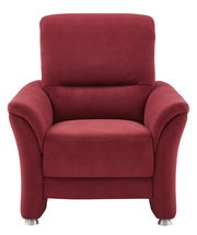 Roter Sessel mit gepolsterten Armlehnen und Metallfüßen, Frontalansicht