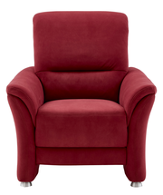 Roter Sessel mit gepolsterten Armlehnen und Metallfüßen, Frontalansicht