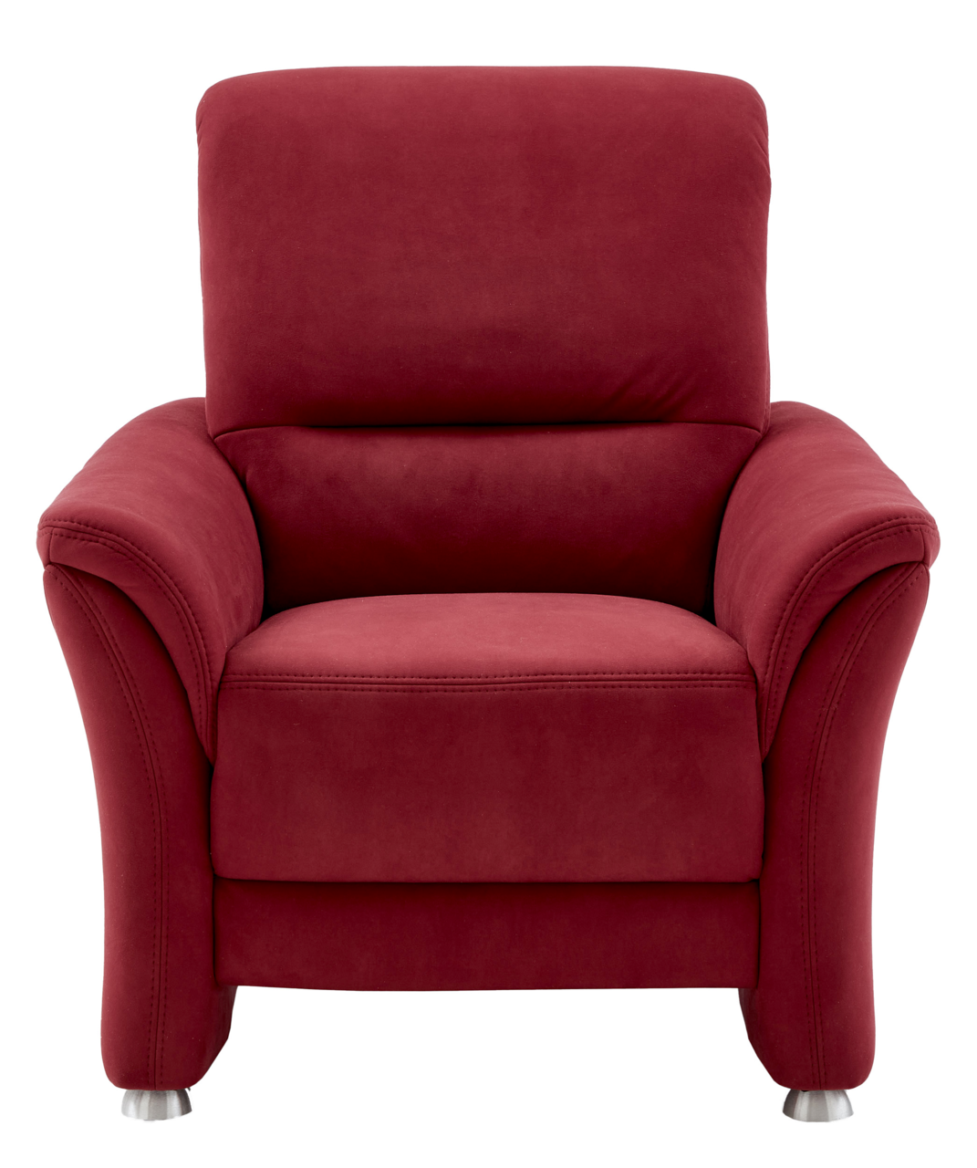Roter Sessel mit gepolsterten Armlehnen und Metallfüßen, Frontalansicht