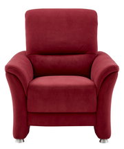 Roter Sessel mit gepolsterten Armlehnen und Metallfüßen, Frontalansicht