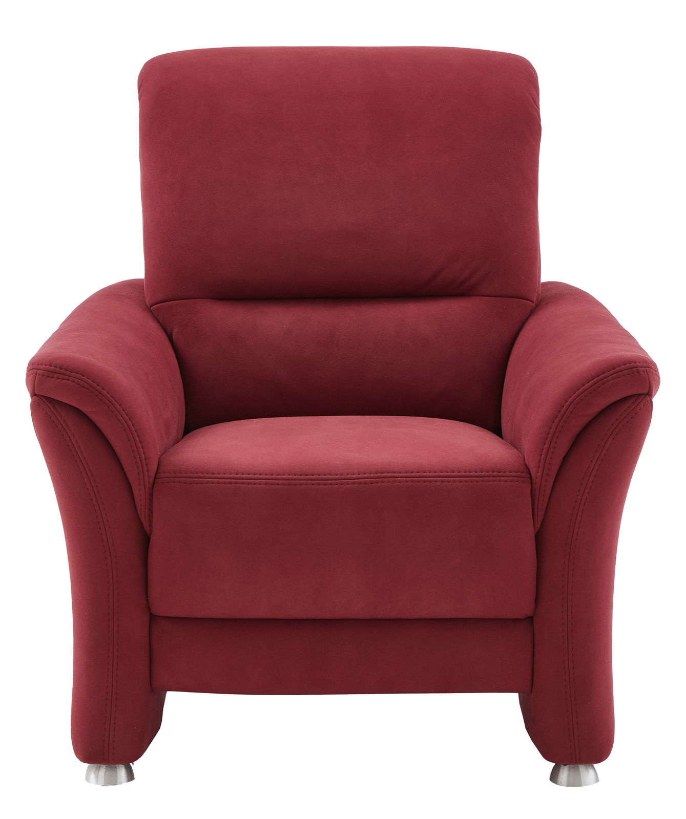 Roter Sessel mit gepolsterten Armlehnen und Metallfüßen, Frontalansicht