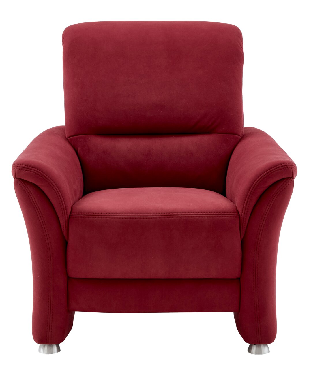 Rode fauteuil met gestoffeerde armleuningen en metalen poten, vooraanzicht