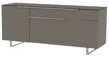 Modernes TV-Lowboard in grauer Farbe mit Metallgriffen und schlanken Beinen, seitliche Perspektive