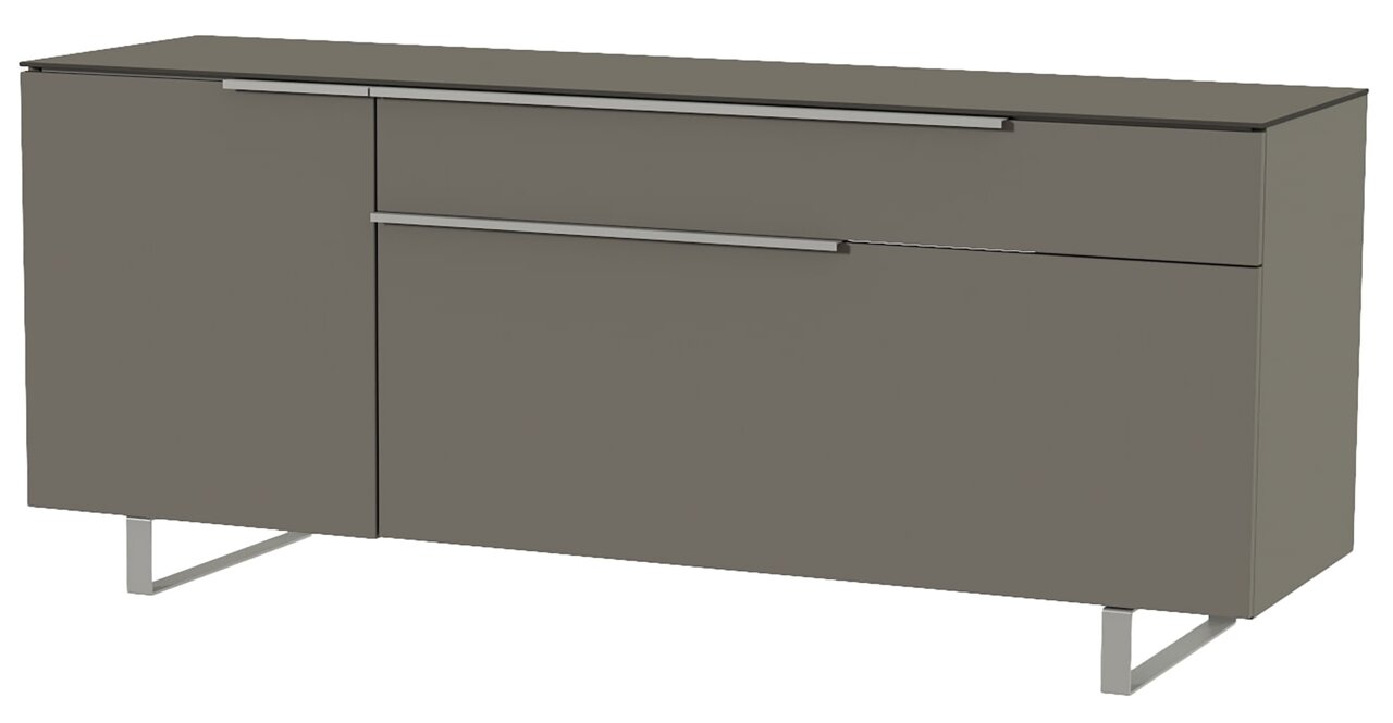 Modernes TV-Lowboard in grauer Farbe mit Metallgriffen und schlanken Beinen, seitliche Perspektive